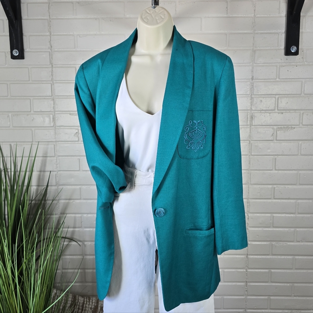 Vintage 80s Jaqueline Ferrar Teal Boyfriend Blazer Oversized Small